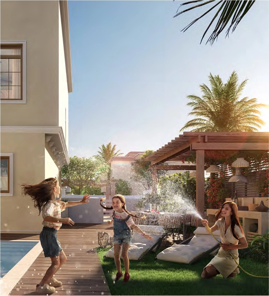 View of modern homes with garden pathways at Yas Park Views